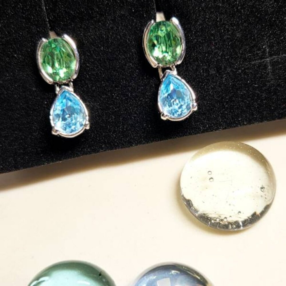 Authentic Swarovski Dangle Earrings Silver Tone With Blue And Green Stones
